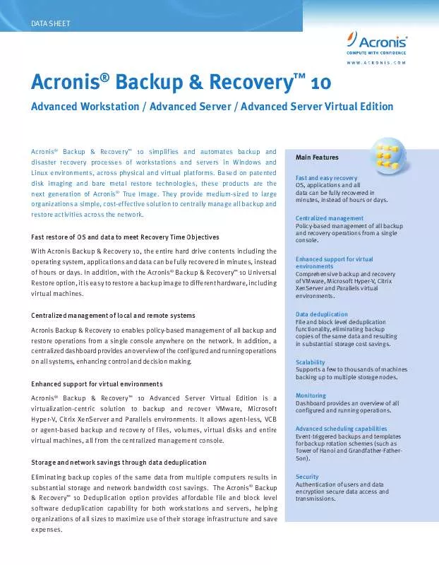 Mode d'emploi ACRONIS BACKUP RECOVERY 10