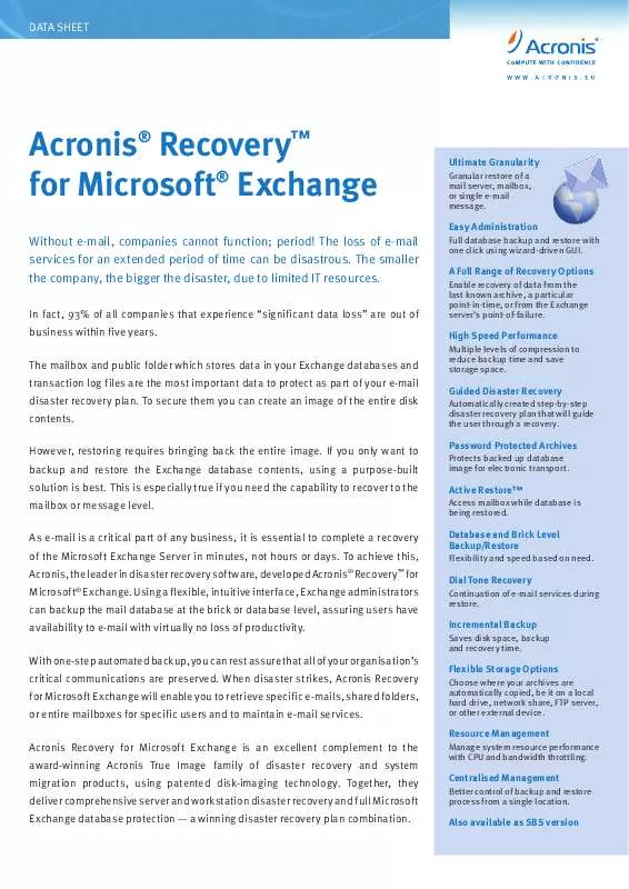 Mode d'emploi ACRONIS RECOVERY FOR MICROSOFT EXCHANGE