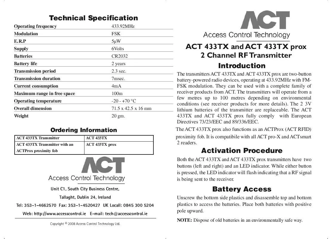 Mode d'emploi ACT ACT 433TX