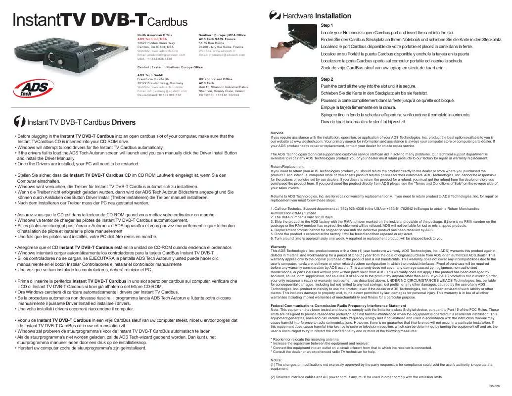 Mode d'emploi ADS TECH INSTANTTV DVB-TCARDBUS PTV335