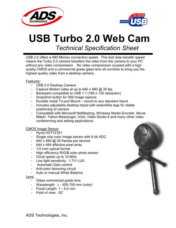Mode d'emploi ADS TECH USB TURBO 2.0 WEB CAM