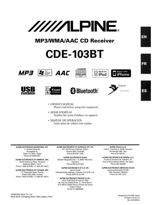 Mode d'emploi ALPINE CDE-103BT