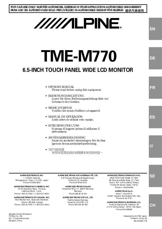 Mode d'emploi ALPINE TME-M770