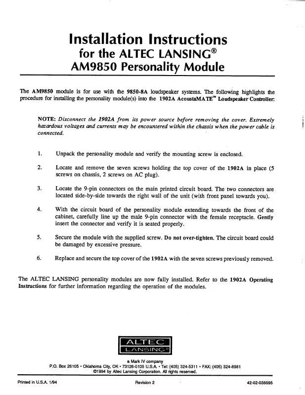 Mode d'emploi ALTEC LANSING AM9850 SIGNAL PROCESSING