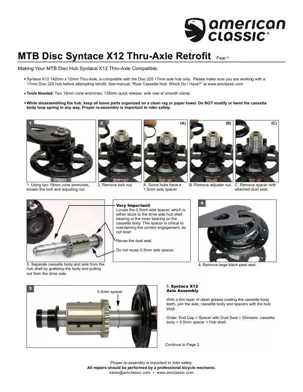 Mode d'emploi AMERICAN CLASSIC MTB DISC SYNTACE X12 THRU-AXLE RETROFIT