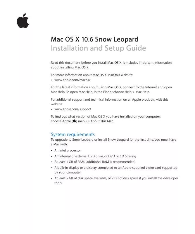 Mode d'emploi APPLE MAC OS X 10.6 SNOW LEOPARD