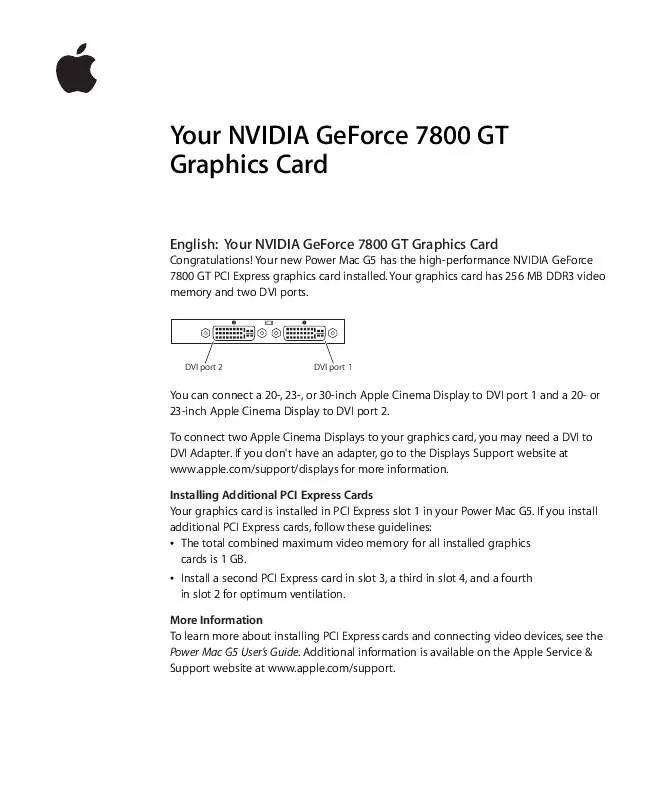 Mode d'emploi APPLE NVIDIA GEFORCE 7800 GT GRAPHICS CARD