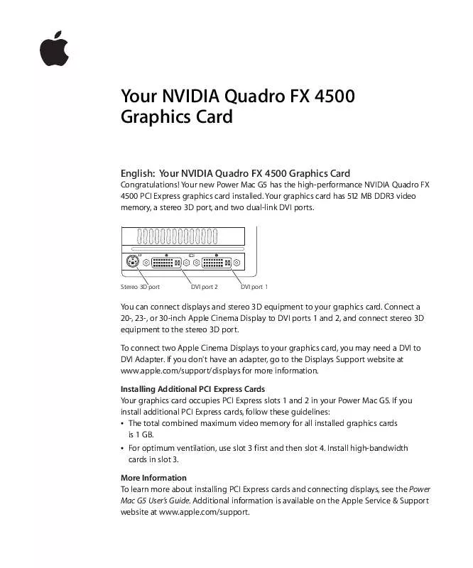 Mode d'emploi APPLE NVIDIA QUADRO FX 4500 GRAPHICS CARD