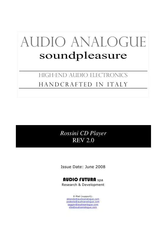 Mode d'emploi AUDIO ANALOGUE ROSSINI CD PLAYER REV2.0