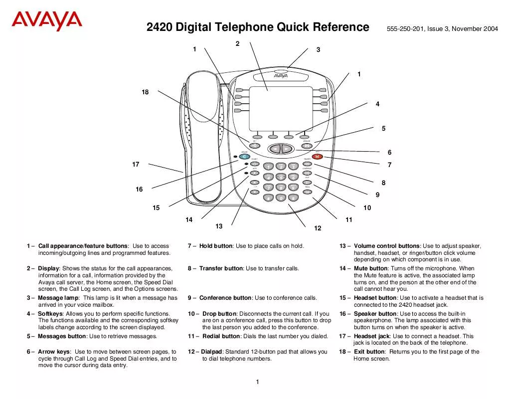Mode d'emploi AVAYA 2420 DIGITAL TELEPHONE