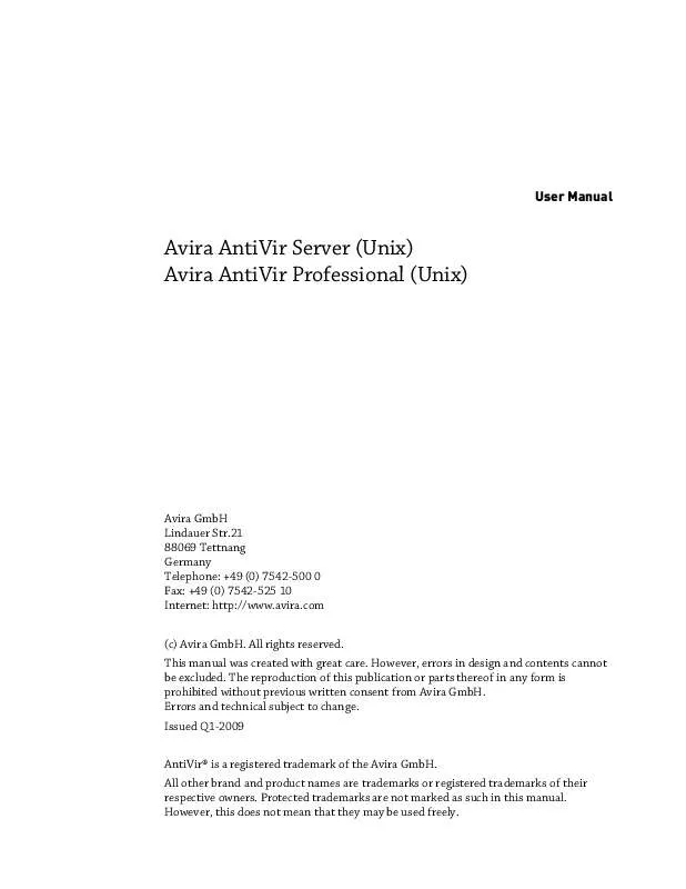 Mode d'emploi AVIRA ANTIVIR PROFESSIONAL UNIX