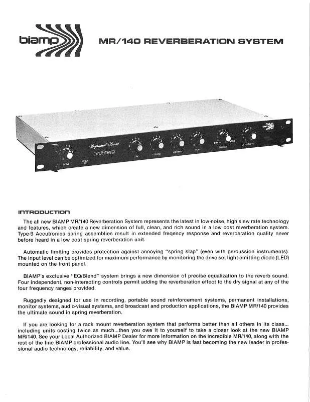 Mode d'emploi BIAMP MR-140 REVERBERATION SYSTEMS
