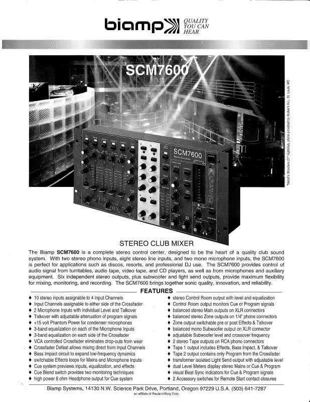 Mode d'emploi BIAMP SC-M STEREO CLUB MIXER PAMPHLET