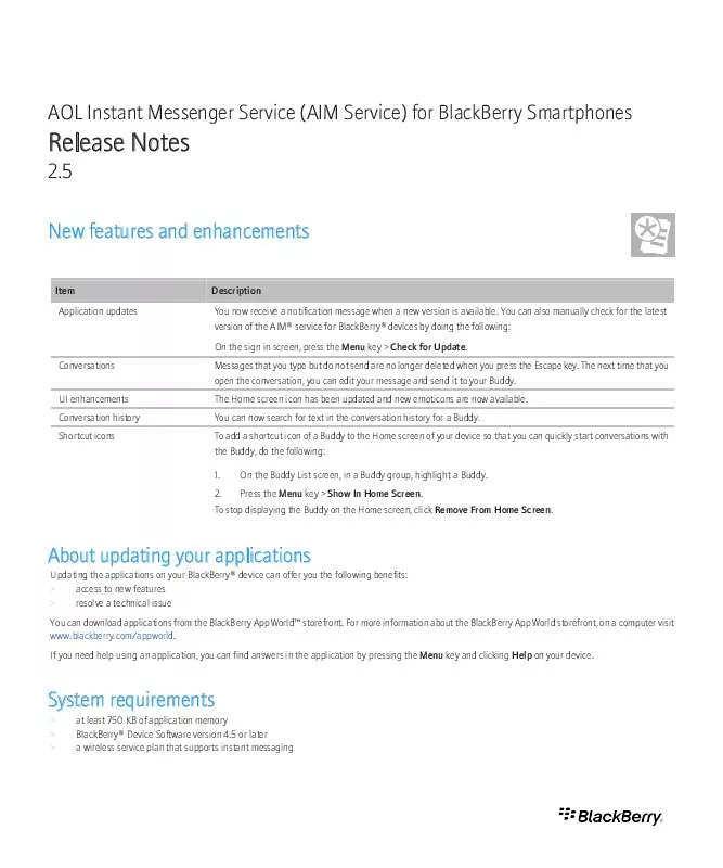 Mode d'emploi BLACKBERRY AOL INSTANT MESSENGER SERVICE