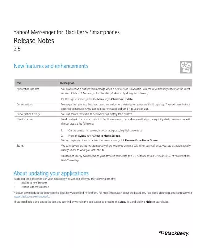 Mode d'emploi BLACKBERRY YAHOO MESSENGER FOR BLACKBERRY SMARTPHONES 2.5