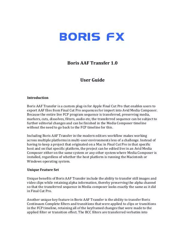 Mode d'emploi BORIS FX AAF TRANSFER 1.0