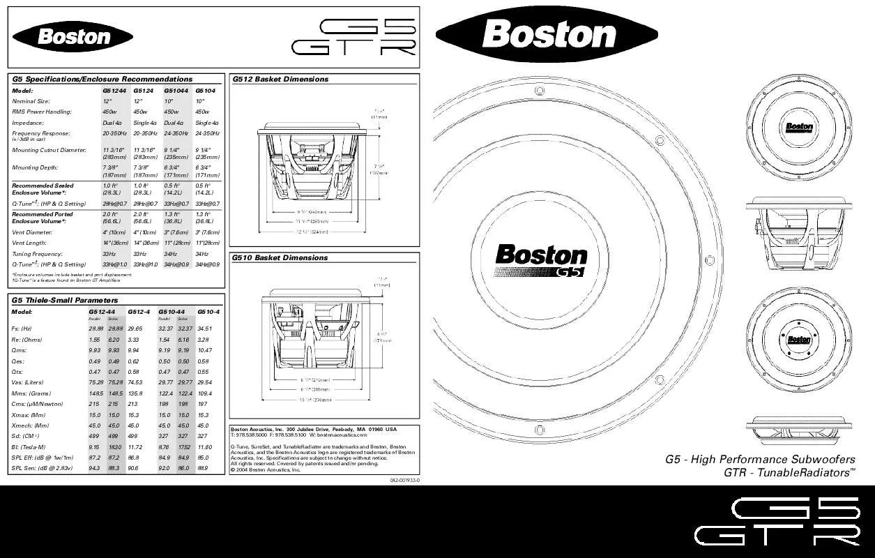 Mode d'emploi BOSTON ACOUSTICS G5 SUBS, GTR TUNABLE RADIATOR