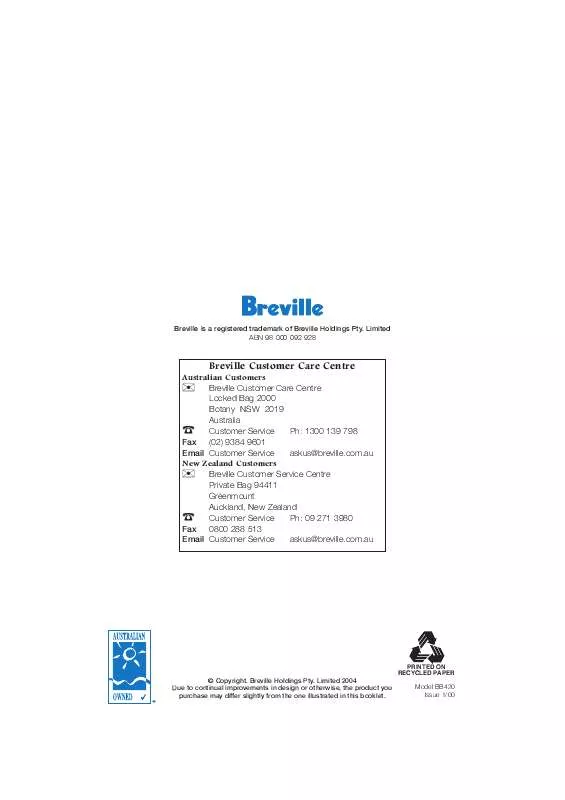 Mode d'emploi BREVILLE BB420