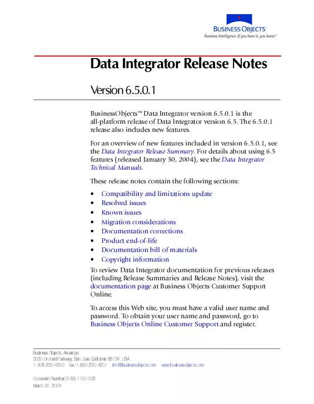 Mode d'emploi BUSINESS OBJECTS DATA INTEGRATOR 6.5.0.1