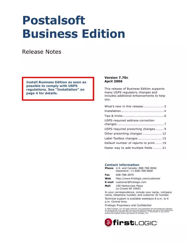 Mode d'emploi BUSINESS OBJECTS POSTALSOFT BUSINESS EDITION 7.70C