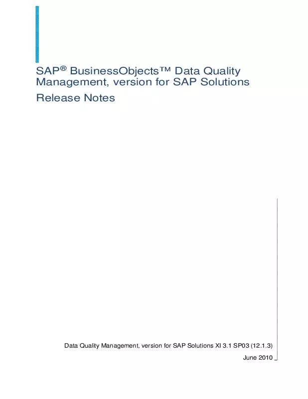 Mode d'emploi BUSINESS OBJECTS SAP BUSINESS OBJECTS DATA QUALITY