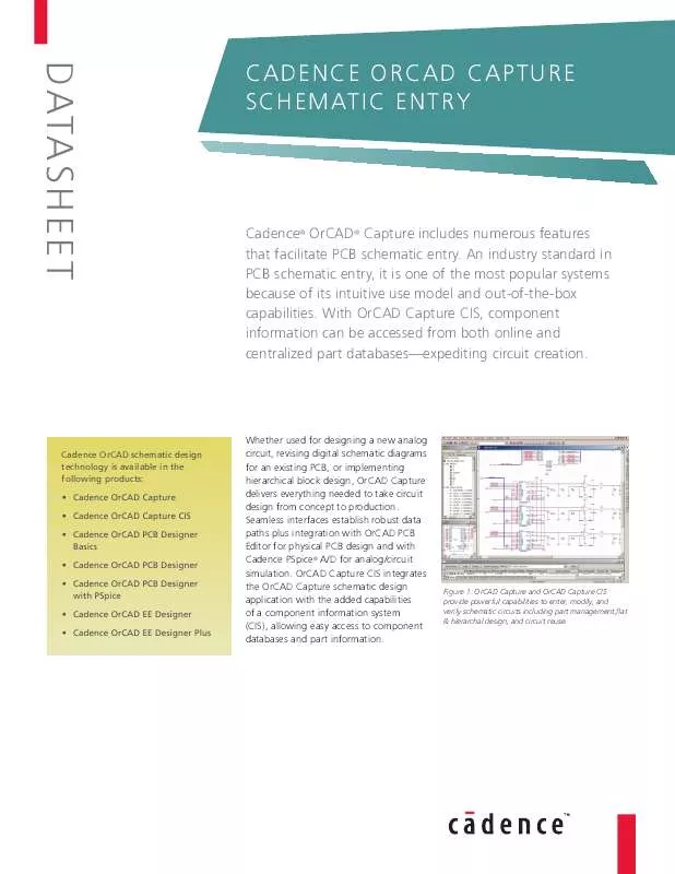 Mode d'emploi CADENCE DESIGN SYSTEMS CADENCE ORCAD CAPTURE SCHEMATIC ENTRY