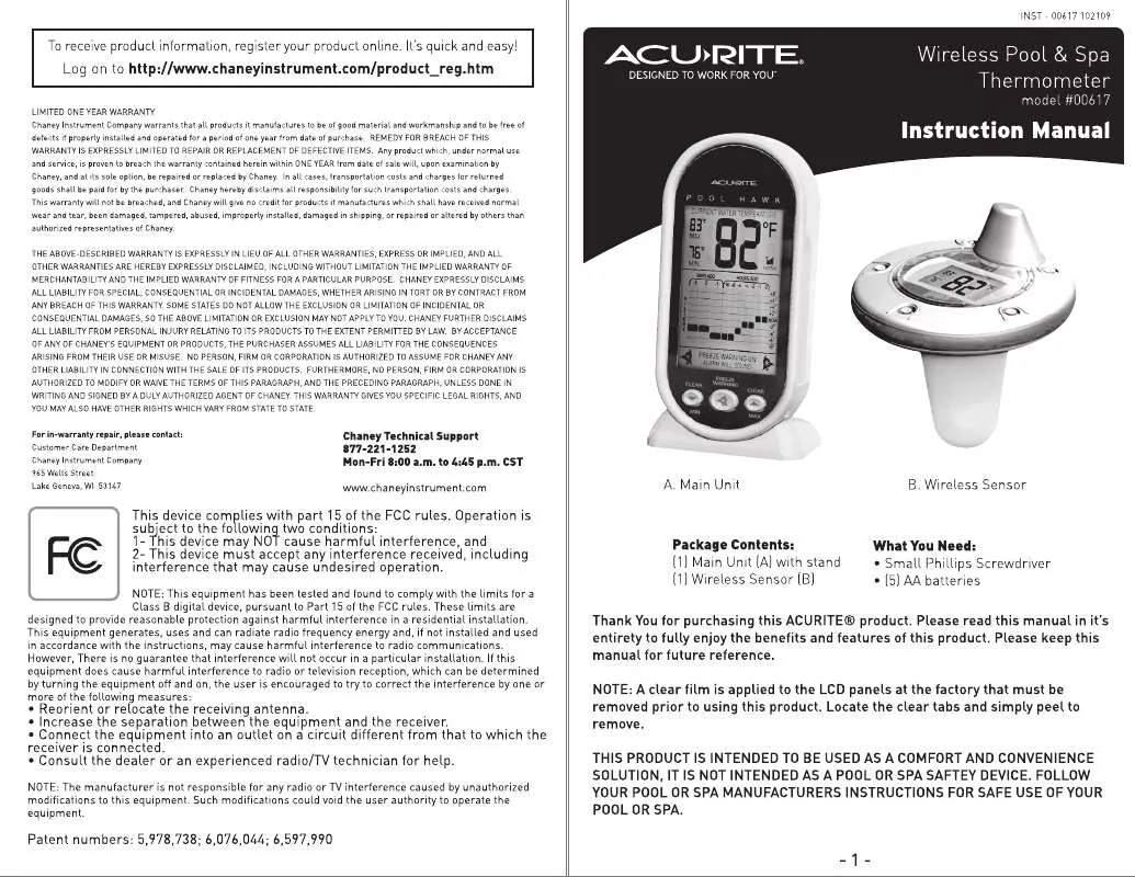 Mode d'emploi CHANEY INSTRUMENTS MONITOR WATER TEMPERATURE WITH POOLSPA THERMOMETER BY ACU-RITE