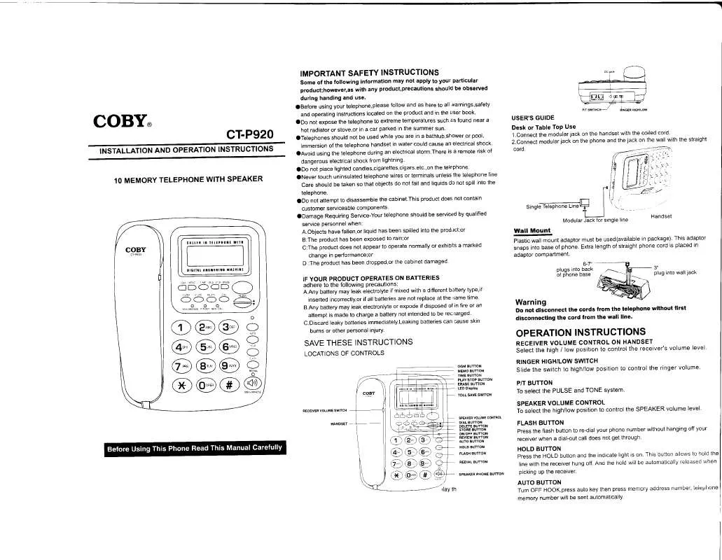 Mode d'emploi COBY CT-P920