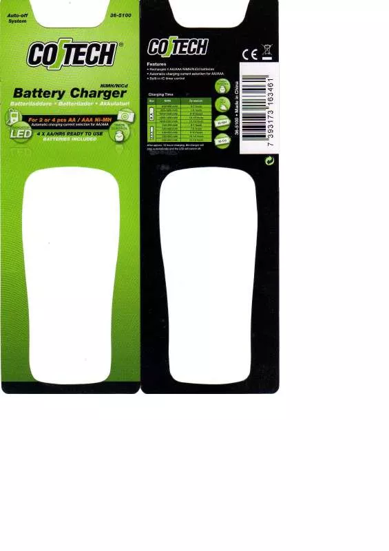 Mode d'emploi COTECH NIMHNICD BATTERY CHARGER, AUTO-OFF SYSTEM 36-5100