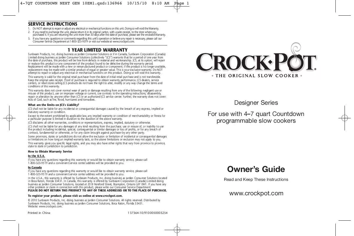 Mode d'emploi CROCK POT 4-7 QUART COUNTDOWN PROGRAMMABLE SLOW COOKER