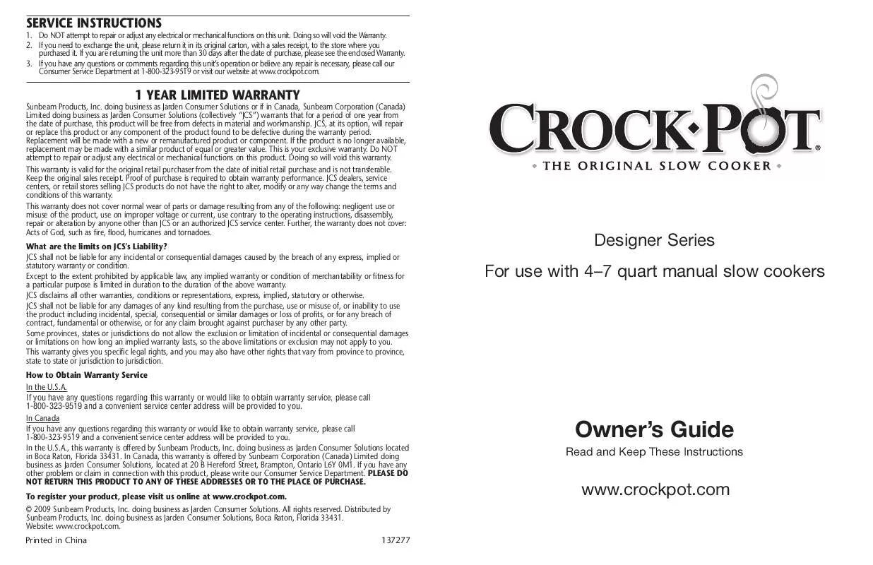 Mode d'emploi CROCK POT 4-7 QUART MANUAL SLOW COOKER - DESIGNER