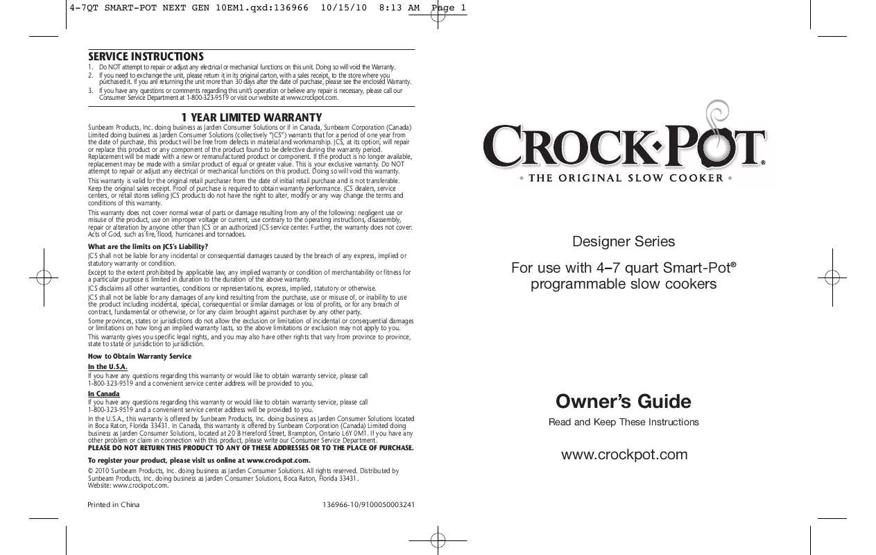 Mode d'emploi CROCK POT 4-7 QUART SMART-POT PROGRAMMABLE SLOW COOKER