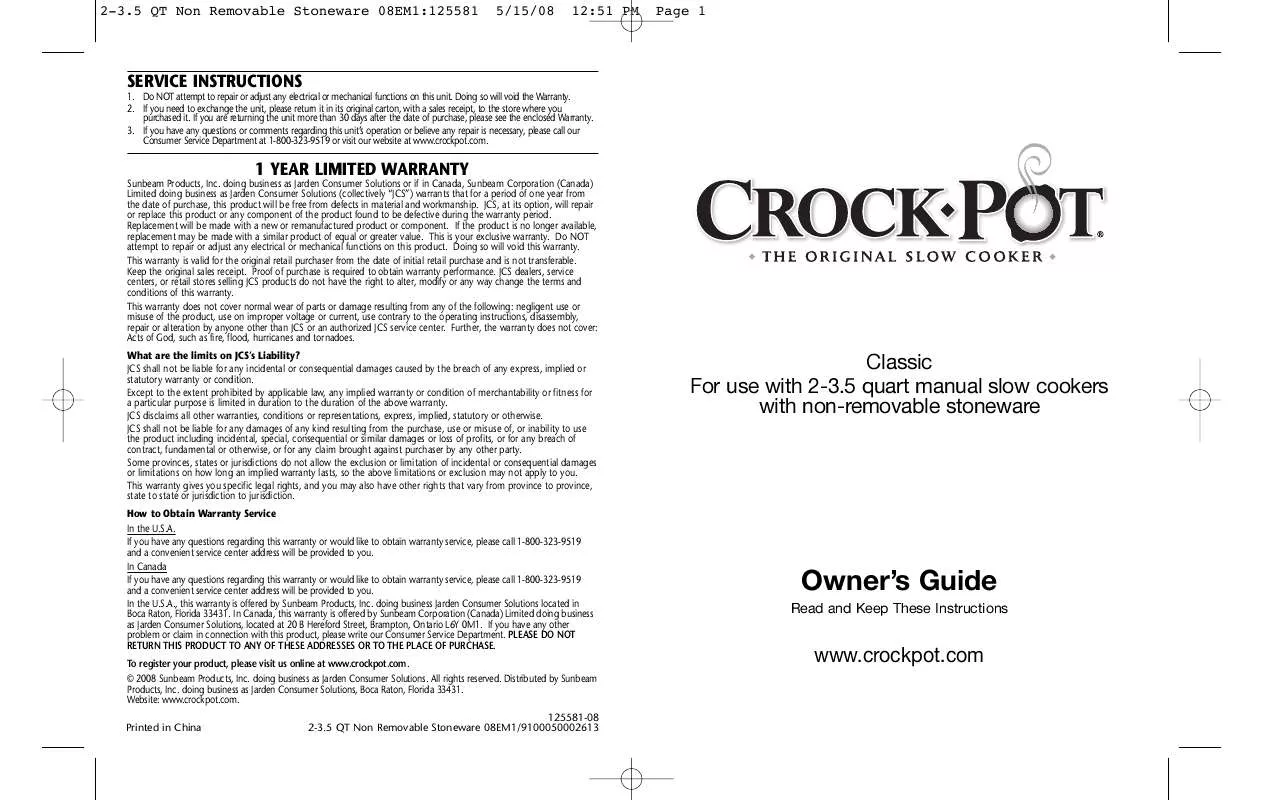 Mode d'emploi CROCK POT CLASSIC 2-3.5 QUART SLOW COOKER WITH NON-REMOVABLE STONEWARE