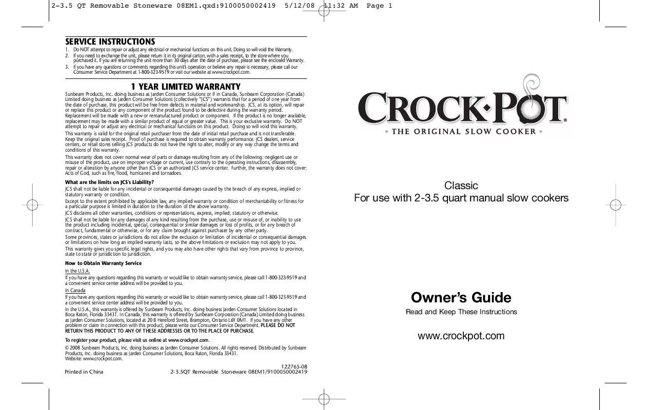 Mode d'emploi CROCK POT CLASSIC 2-3.5 QUART SLOW COOKER