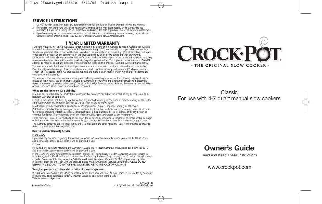Mode d'emploi CROCK POT CLASSIC 4-7 QUART SLOW COOKER