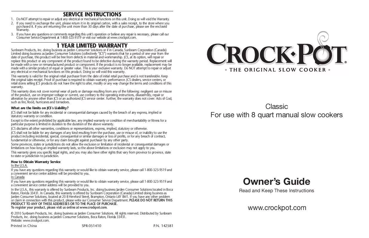 Mode d'emploi CROCK POT CLASSIC FOR USE WITH 8 QUART MANUAL SLOW COOKER