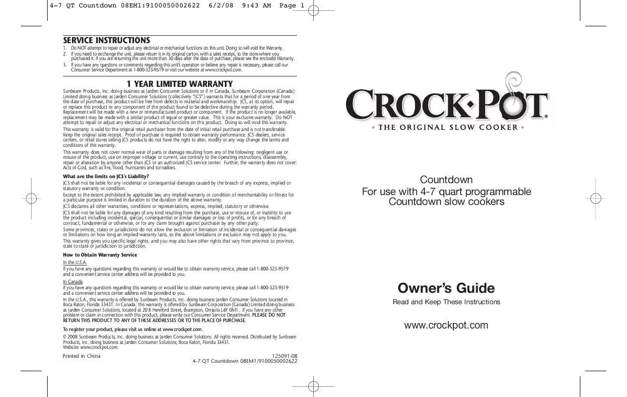 Mode d'emploi CROCK POT COUNTDOWN 4-7 QUART PROGRAMMABLE COUNTDOWN SLOW COOKERS