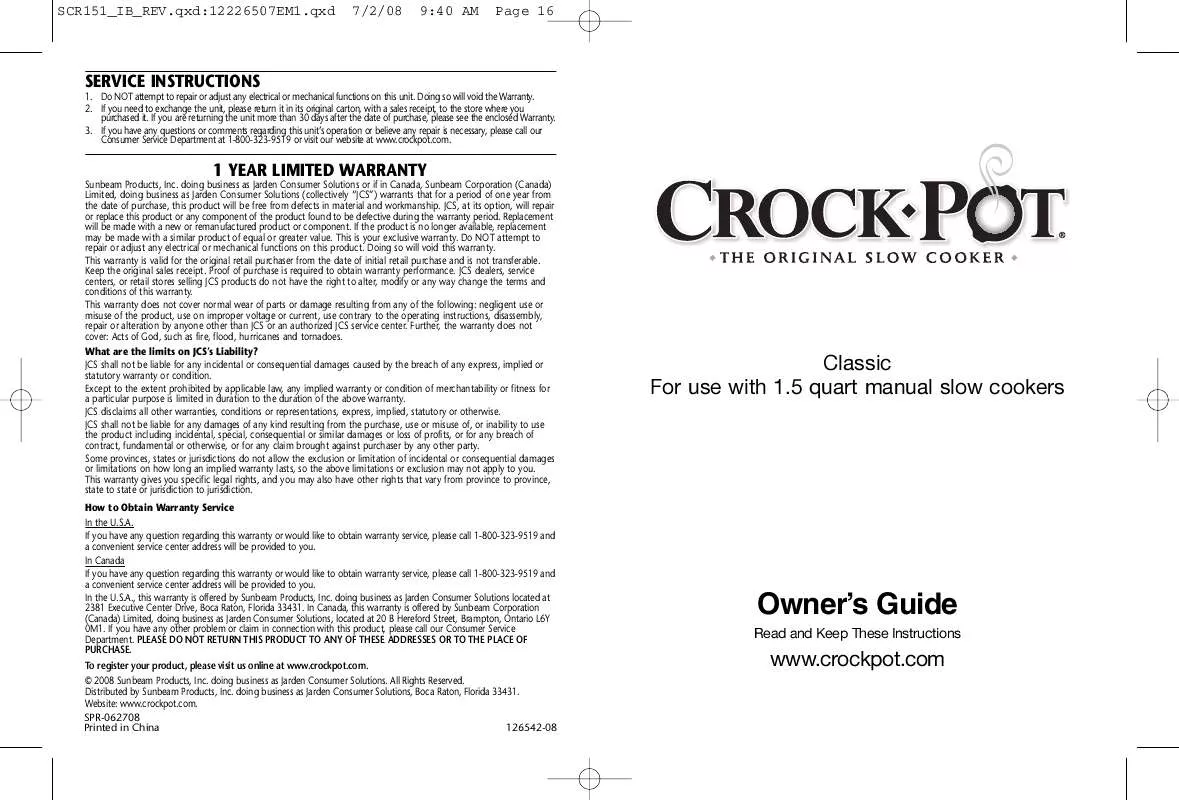Mode d'emploi CROCK POT SCR151 CLASSIC