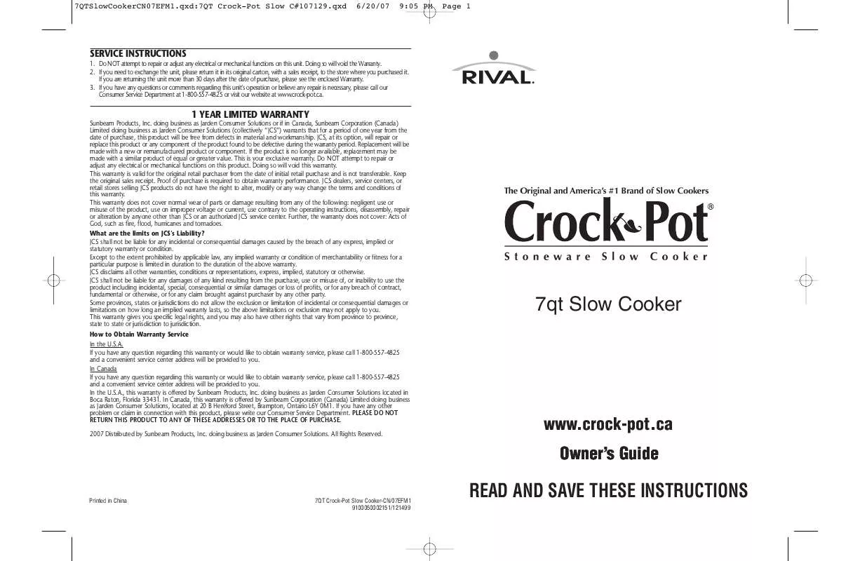 Mode d'emploi CROCK POT SCV703W-CN 7QT SLOW COOKER