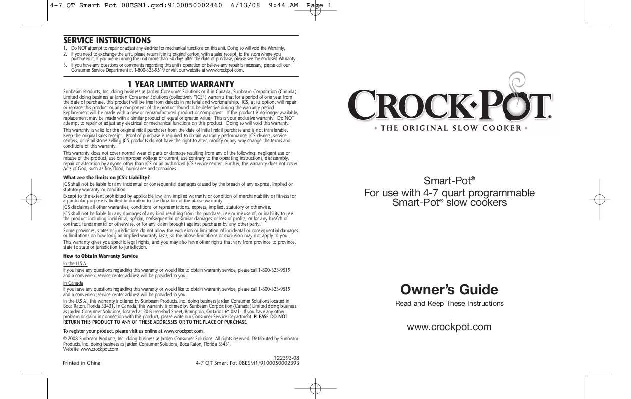Mode d'emploi CROCK POT SMART-POT 4-7 QUART PROGRAMMABLE SMART-POT SLOW COOKERS