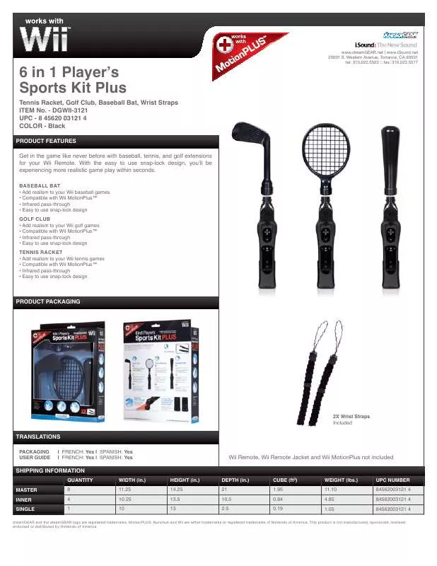 Mode d'emploi DREAMGEAR 6 IN 1 PLAYERS SPORTS KIT PLUS