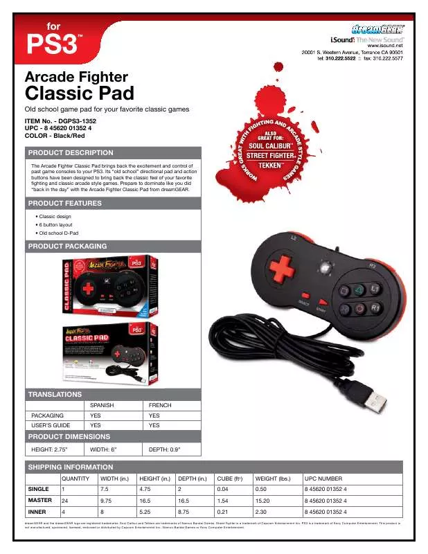 Mode d'emploi DREAMGEAR ARCADE FIGHTER CLASSIC PAD
