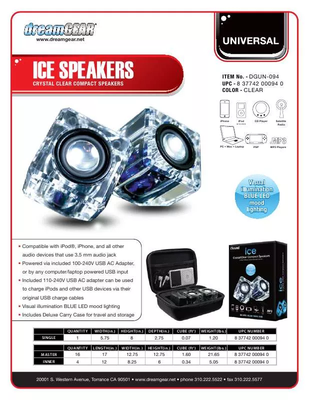Mode d'emploi DREAMGEAR ICE CRYSTAL CLEAR COMPACT SPEAKERS
