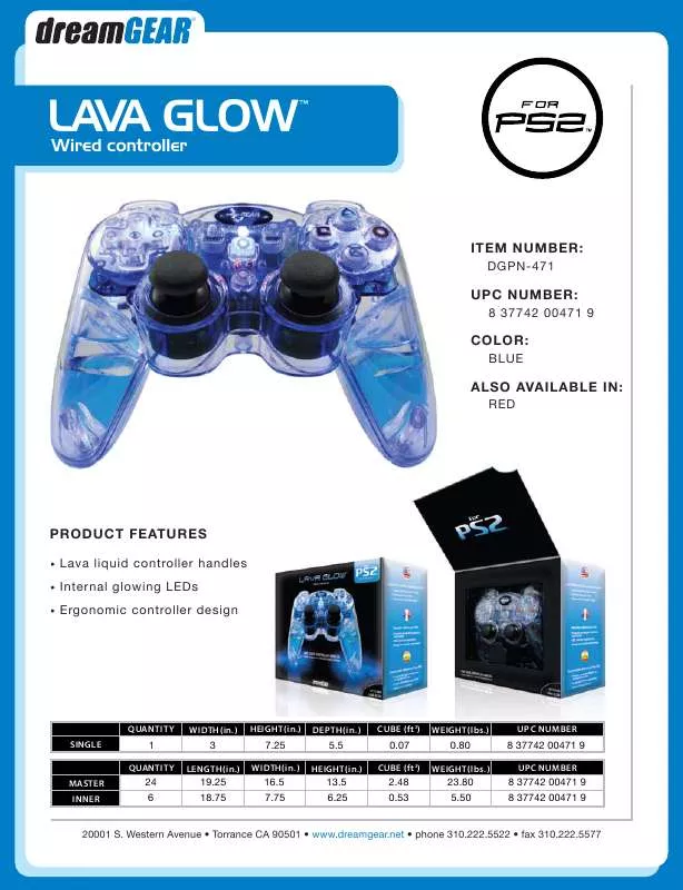 Mode d'emploi DREAMGEAR LAVA GLOW WIRED CONTROLLER IN GIFT BOX WITHOUT RUMBLE