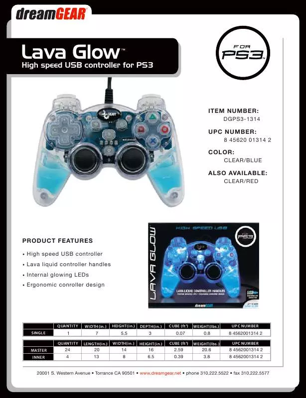 Mode d'emploi DREAMGEAR LAVA GLOW WIRED CONTROLLER WITHOUT RUMBLE