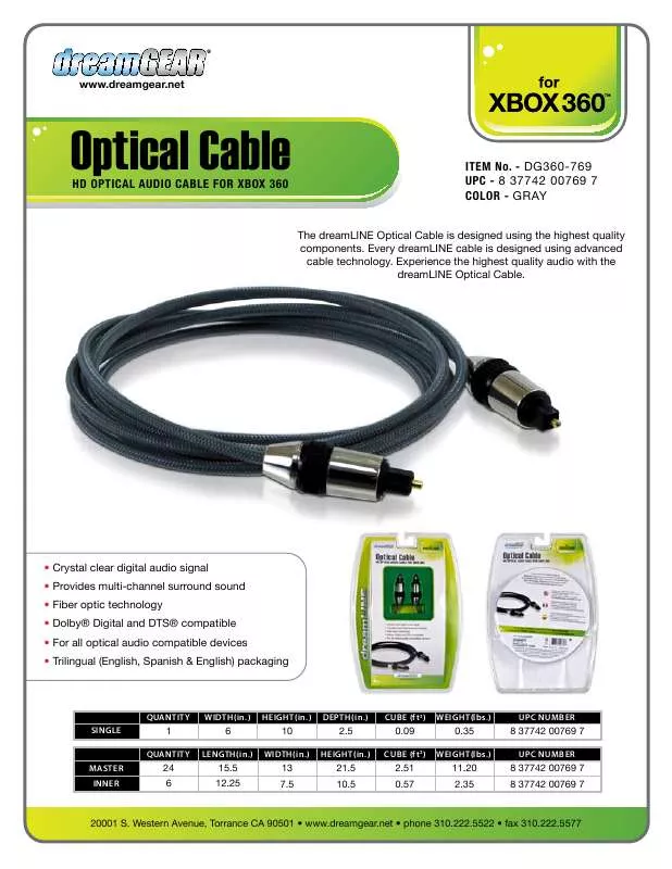 Mode d'emploi DREAMGEAR OPTICAL CABLE