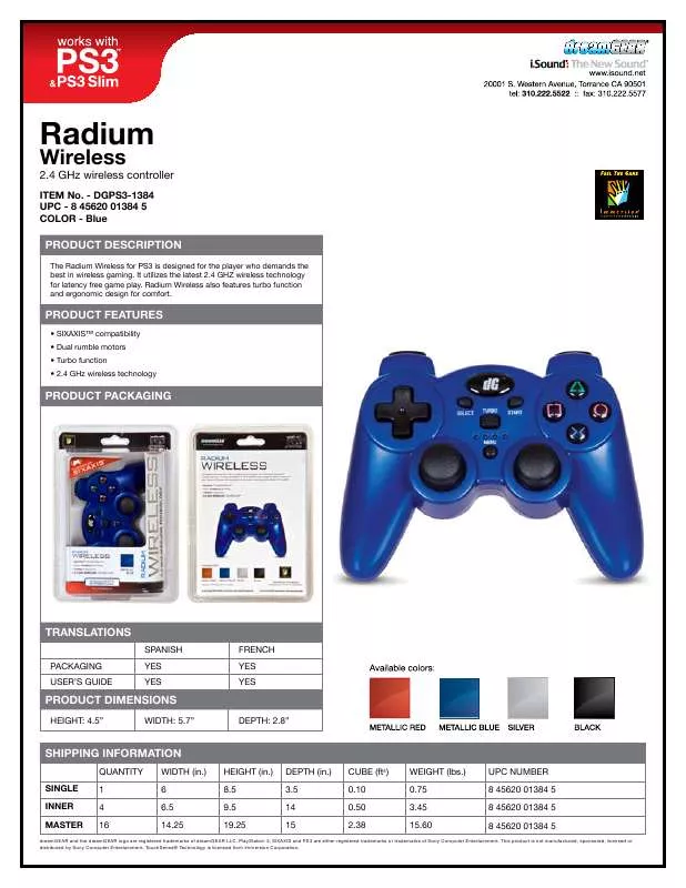 Mode d'emploi DREAMGEAR RADIUM WIRELESS CONTROLLER WITH SIXAXIS