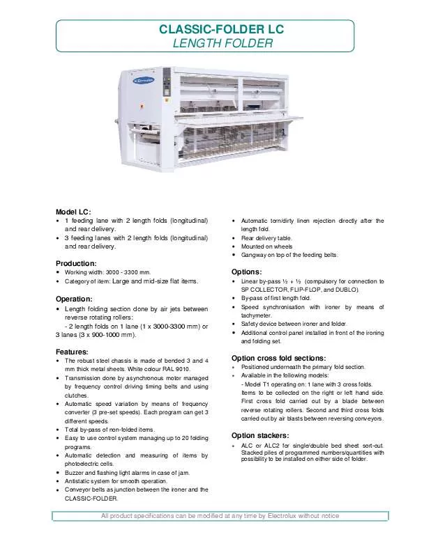 Mode d'emploi ELECTROLUX LAUNDRY SYSTEMS CLASSIC-FOLDER LC