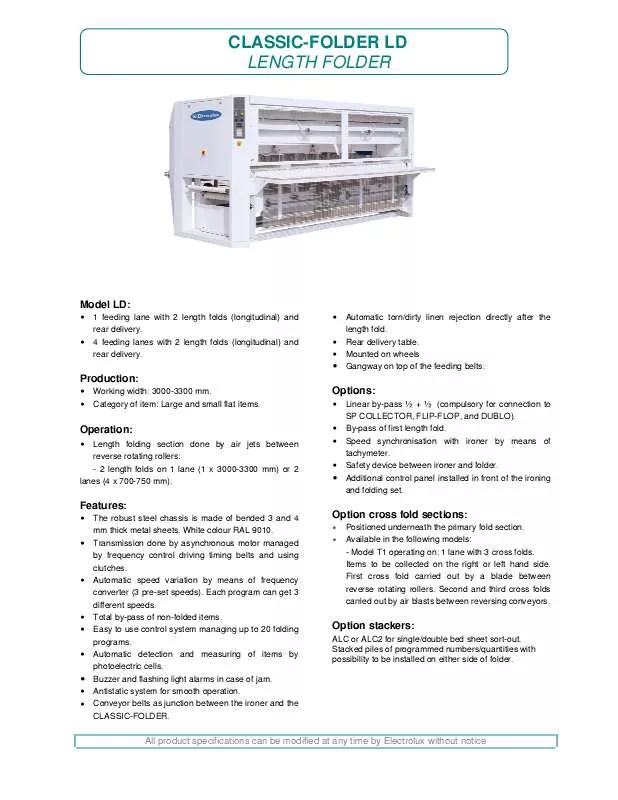 Mode d'emploi ELECTROLUX LAUNDRY SYSTEMS CLASSIC-FOLDER LD