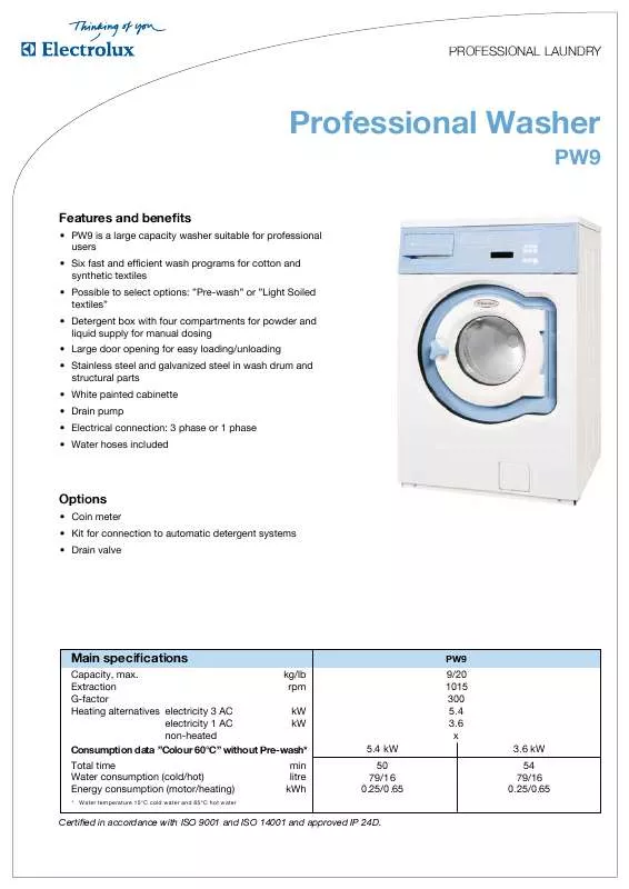 Mode d'emploi ELECTROLUX LAUNDRY SYSTEMS PW9